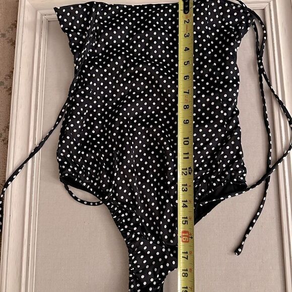 Zara black w white polka dots lycra body suit with shirred top - NWOT - small - Picture 5 of 12
